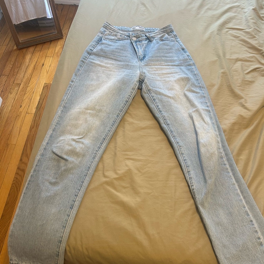 Women's Light Blue Jeans - Asymmetrical button